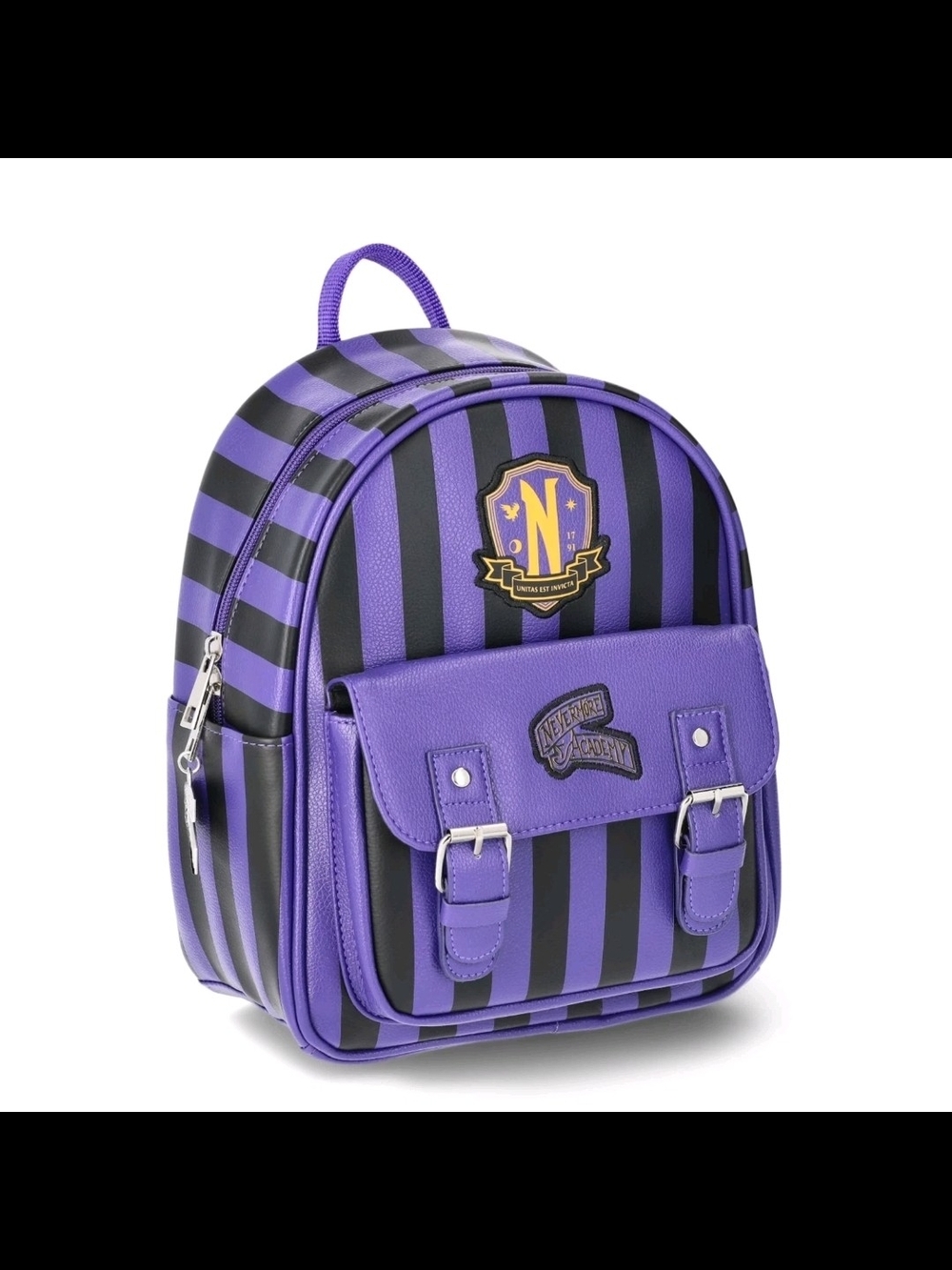 Wednesday Addams Nevermore Academy Women's Striped Mini Backpack, Purple/Black